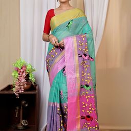 PuJoy Woven Design Pure Cotton Handloom Taant Saree-image-97