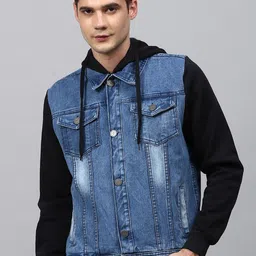 Campus Sutra Men Blue & Black Washed Colourblocked Windcheater Denim Jacket-15
