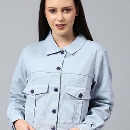 Campus Sutra Women Blue Colourblocked Windcheater Crop Outdoor Denim Jacket with Embroidered-image-43