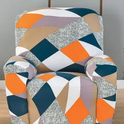 HOUSE OF QUIRK Orange & Grey Printed Fitted 1 Seater Sofa Cover With Arms-55