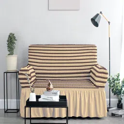 Cortina Beige & Cream-Coloured Striped Stretchable Two Seater Sofa Cover-21