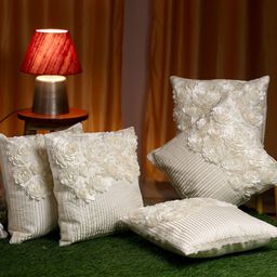 HOSTA HOMES Cream-Coloured Set of 5 Floral Square Cushion Covers-52
