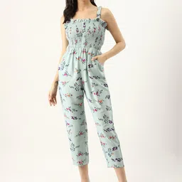 U&F Women Sea Green & Purple Smoked Bodice Floral Print Basic Jumpsuit-17