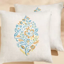 Home Centre Mellow Bering Beige & Blue 2 Pieces Floral Square Cushion Covers-image-23