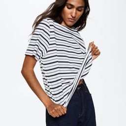 MANGO Women White & Navy Blue Striped Pure Cotton Sustainable T-shirt-image-10