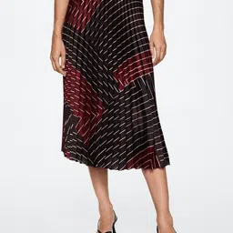 MANGO Coffee Brown & Maroon Geometric Print Accordion Pleated A-Line Midi Skirt-image-48