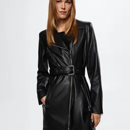 MANGO Women Black Solid Faux Leather Longline Trench Coat With Belt-image-35