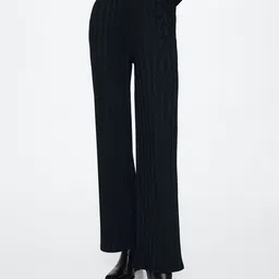 MANGO Women Navy Blue Striped Flared Sustainable Trousers-picture-40