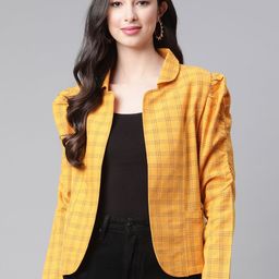 Cottinfab Women Mustard Black Checked Open Front Jacket-26