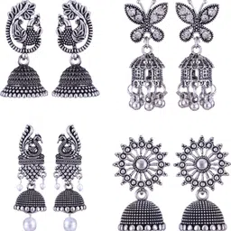 meenaz silver earrings jhumki combo oxidised earrings jhumka south indian temple party Beads, Pearl, Cubic Zirconia, Diamond Brass, Enamel, Copper, Zinc, Stone, Silver Drops & Danglers, Chandbali Earring, Earring Set, Jhumki Earring-picture-11