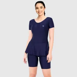 One-Piece Non Paded Freely Women's Swimming Costume In Frock Style, Blue Color Solid Women Swim-dress Blue Swimsuit-image-16