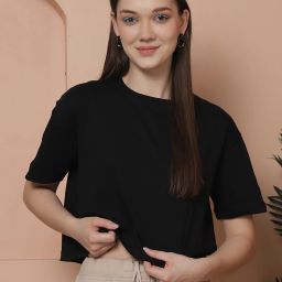 Women Solid Round Neck Pure Cotton Black T-Shirt-image-3