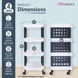 livingbasics 4 Layer Adjustable & Stackable Multipurpose Storage Rack/Shelves, Plastic Kitchen Trolley image 4