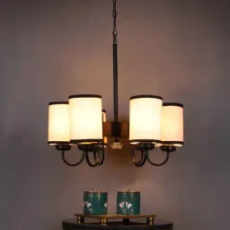 new era Devansh 06 Light Black Iron Powder coated Chandelier With White & Black cotton Shade (19x19x24 ) Inches-picture-2