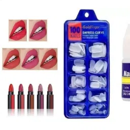 Fab 5 (5 in 1 Lipstick), 7.5g (Multicolor, 7.5 g) and Artificial Gold Finger Empress Curve Tips Fake Nails with Glue Bottles (White) - Pack of 100 White (Pack of 100) WHITE (Pack of 100)-2