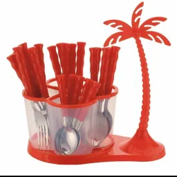 Tree Cutlery Set for Dining with Stand for Kitchen(Pack of 6 Dessert Spoon, 6 Fork, 6 Soup Spoon, 6 Tea Spoon) Disposable Plastic, Stainless Steel Cutlery Set-68