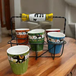 Pack of 6 Ceramic Multicolor Ceramic Tea Cups With Metal Glass Stand-28