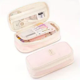 radhey preet Twill Fabric Pencil Case, Double-Layer Canvas Pencil Pouch with Zipper, Large Capacity Desk Organizer for College Students, Adults, Men & Women, RP1308-50 Art Polyester Pencil Box-picture-0
