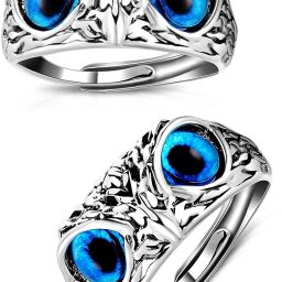 Set Of 2 Crystal Glasses Blue Demon Eyes Owl/Ullu Bird Face Thumb Finger Ring Stainless Steel Silver Plated Ring-image-59