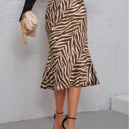Women Printed, Solid Pencil Brown Skirt-image-3