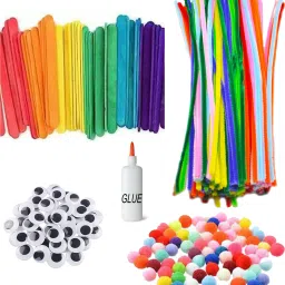 Multi Color Pipe Cleaner with Multi Color pom pom, Sticks,Googly Eyes&Glue Combo-image-2