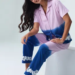 I like me Pink & Blue Tie & Dye Printed Lapel Collar Pure Cotton Shirt & Pyjama-image-48