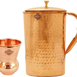 Copper Hammered Set of 1 Jug Pitcher 2100 ML with 1 Mathat Glass 375 ML - Storage Drinking Water Home Hotel Restaurant Tableware Jug Glass Set-image-25