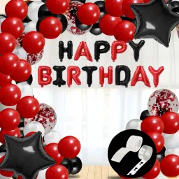 Solid Happy Birthday Balloons Decoration Kit 40 Pcs, 1 set of RedBlack 13Pcs "Happy Birthday" alphabet foil birthday banner and 30pcs HD Metallic Balloons(Black & Red) and 2Pcs Heart Balloon(Black) with 5 Pcs Red Confetti Balloon & 1Pc Glue Dot, 1Pc Arch with 1Pc free Ribbon for Happy Birthday Balloons Decorations Items, with Helium Letters Foil Balloon Banner, Latex Metallic Balloons (Multicolor, Pack of 40)-image-95