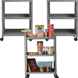 Pack of 3 Multipurpose 3-Layer Storage Trolley Rack with Wheels | Grey Plastic Kitchen Trolley-image-38