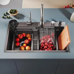Nano Stainless Steel Handmade Kitchen Sink with Integrated Waterfall and Pull-Down Faucets/Soap Dispenser/ 2-Drain Basket, Smart Sink 30x18x9 Inches Vessel Sink-27
