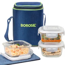 Klip-n-Store Lunch Box with Bag, 3 Pc (320ml x 3), Square Office Tiffin 3 Containers Lunch Box-image-54