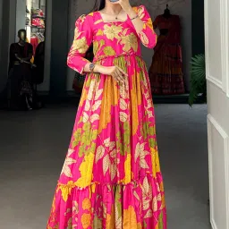 Self Design Cotton Blend Stitched Flared/A-line Gown-picture-23