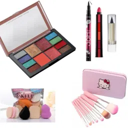 All in One Fashion Makeup Kit for Girls 8019 No 3 with EyeLiner, Kajal, Makeup Brushes, Sponges and 5 in 1 Lipstick Red Edition-28