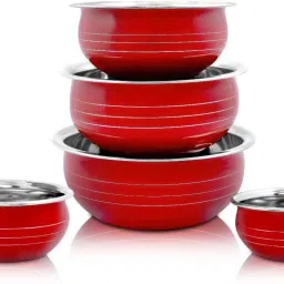 Pack of 5 Stainless Steel Colour Handi/Cookware Set/Serving Bowl 5 Piece Red Pot Pan patila tapeli dinner Dinner Set-image-25