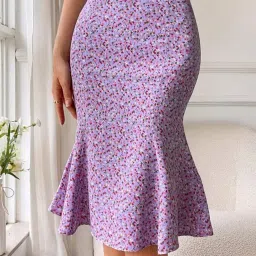 Women Printed Pencil Purple Skirt-image-2