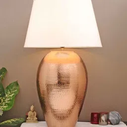 kapoor lampshades White Cotton Fabric Shade Barossa Tich Pattern Huge Size Copper Table Lamp With Copper Base-picture-1