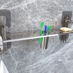 1 Layer Shelf Adhesive Bathroom Shelf with Double Soap Dish/Toothbrush Holder Stainless Steel Toilet Paper Holder-image-41