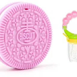 Silicone Pink Biscuit Shape Teether & Ring Style Food Feeder Nibbler for Baby Teether and Feeder-image-27
