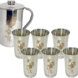 Laser Floral Design Combo of 2 Litre Steel Water Jug with Lid and 6 Glass Jug Glass Set-image-38