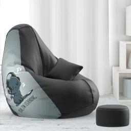XXXL PatternPuff Bag With Free Cushion and Puffy , Yah I Am Listening - Black Grey Teardrop Bean BagWith Bean Filling-3