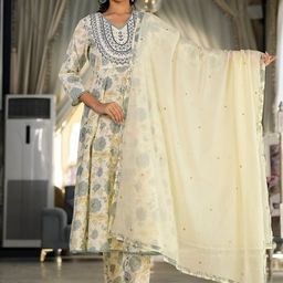 Vishudh Cream Floral Printed Pure Cotton Kurta with Trouser & Dupatta-57