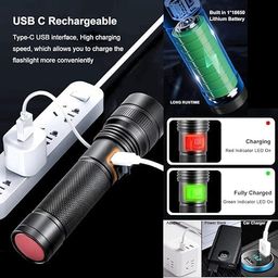 Black M035 Rechargeable LED Flashlight with Telescopic Zoom, 80W Laser Pointer, Type-C USB Charging, 120-Minute Operating Time, Adjustable Zoom Light for Camping, Hiking, Emergency, Outdoor Use image 2