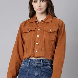 SHOWOFF Spread Collar Windcheater Crop Denim Jacket-11