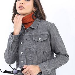 KETCH Washed Spread Collar Cotton Crop Denim Jacket-image-76