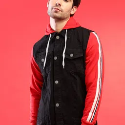 Campus Sutra Men Black Red Colourblocked Lightweight Denim Jacket-image-99