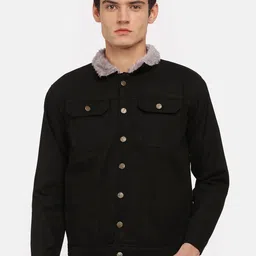 VOXATI Men Black Striped Crop Denim Jacket-image-8