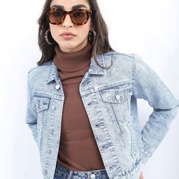 KETCH Washed Spread Collar Crop Denim Jacket-image-48