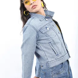 KETCH Washed Spread Collar Crop Denim Jacket-57