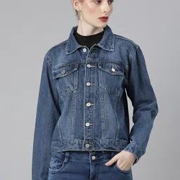 SHOWOFF Spread Collar Windcheater Crop Denim Jacket-47