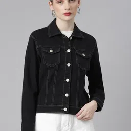 SHOWOFF Spread Collar Windcheater Crop Denim Jacket-43